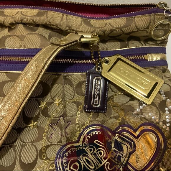 Coach Poppy Tartan Plaid Glam 15882 Shoulder Handbag Tote - Tan Purple Gold - Picture 14 of 16
